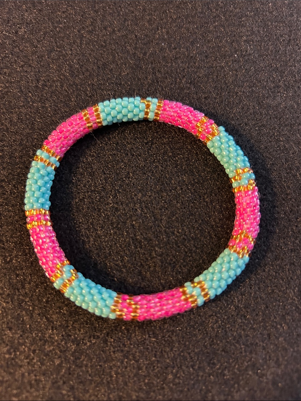 Boho Beach Day Handmade Pink & Turquoise Seed Bead Bracelet with Gold Accents